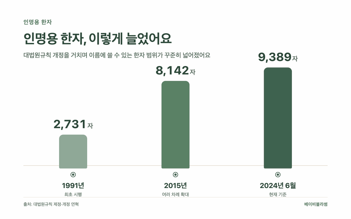 인명용 한자 수 변화 막대그래프: 1991년 최초 시행 2,731자에서 2015년 여러 차례 확대를 거쳐 8,142자, 2024년 6월 현재 9,389자까지 늘었다